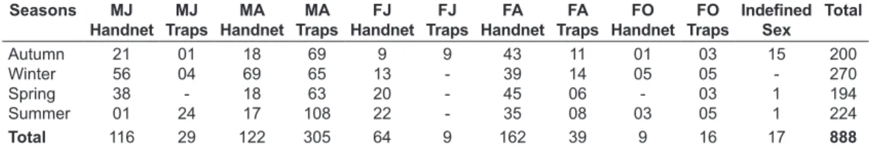 Table 1. Total number of individuals of Aegla manuinflata sampled with handnet and traps in the four seasons of  the year ranging from May 2006 to April 2007 in the Passo Taquara stream, São Pedro do Sul, Rio Grande do Sul  state, Brazil (MJ: Male juvenile