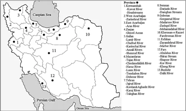 Figure 2. Map of Iran, showing the name of total rivers and streams in each province that recorded species composition  of the macroinvertebrate.