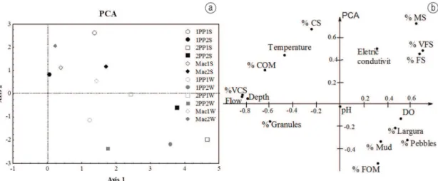 Figure 2. Scores ordination of the PC 1 and 2 of PCA for the sampled streams (a) and the vectors of the variables  physical, chemical and of grain texture with the score of the PC 1 and 2 of PCA (b)