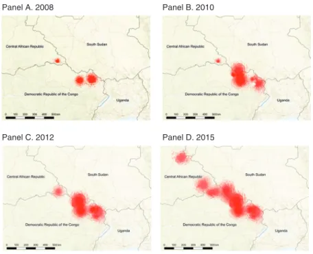 Figure 2 shows the coverage of radio stations undertaking defection messaging in  the  LRA-affected area across four distinct years during the study period