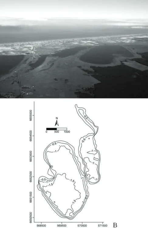 Figure 5. Lagoa da Cerquinha. A: aerial photo; B: bathymetric map.