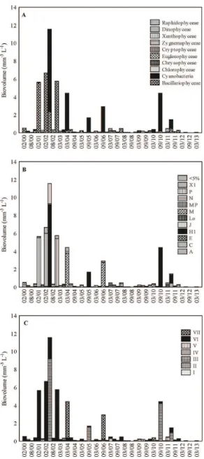 Figure  4.  Interannual variation of phytoplankton by  taxonomic groups (A), FGs (B) and MBFGs (C) in the  Corutuba channel from February 2000 to March 2013.