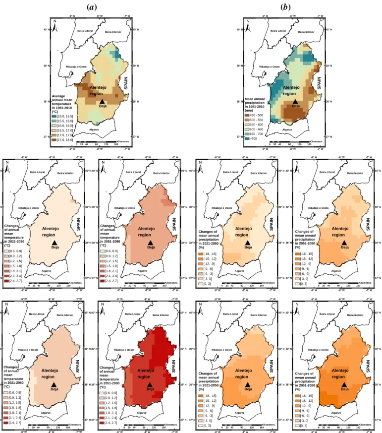 Figure 5 Simulated average annual (a) mean temperature (°C) and (b) precipitation (mm) over baseline along with  their  corresponding  changes  by  climate  projections  over  2021-2080  under  RCP4.5  (middle  panels)  and  RCP8.5  (bottom  panels)  in  A
