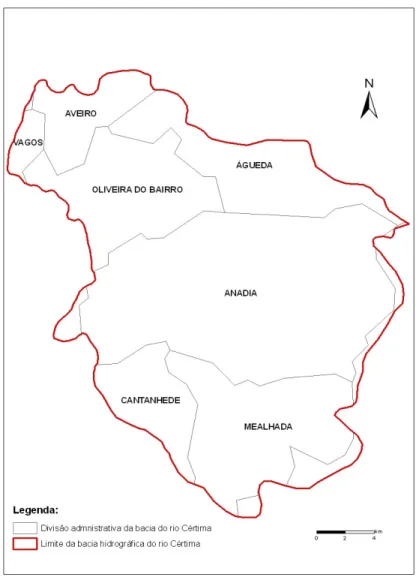 Figura 1.2 – Divisão administrativa da bacia hidrográfica do rio Cértima (obtida a partir de informação digital  do IA, 2007a)