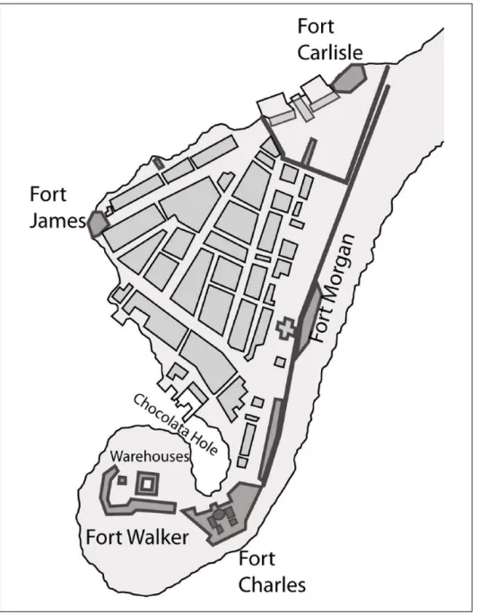 Figure 6.  Positioning of main defence structures of Port Royal, 1703–1772.