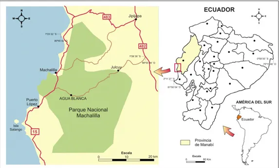 Figura 2. Localización del Parque Nacional Machalila y de Agua Blanca.