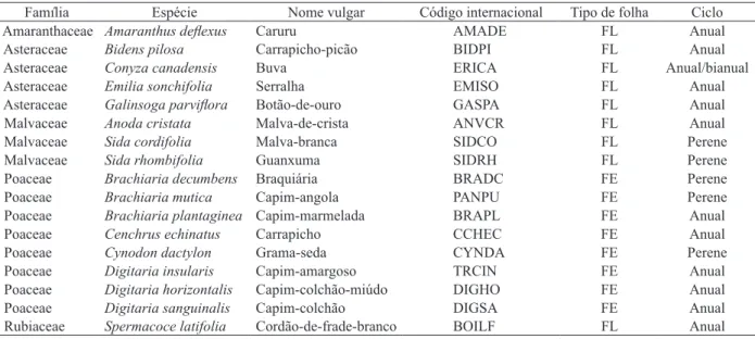 Tabela 2. Identiicação de plantas daninhas em cultivo de café solteiro e consorciado com nogueira-macadâmia (Dois Córregos,  SP, 2012).