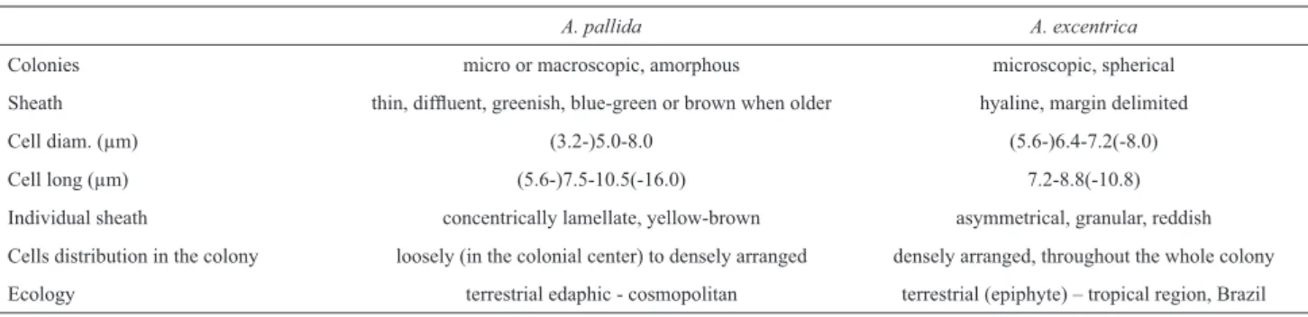 Table 4. Comparison of morphometric and ecological characteristics of Aphanothece pallida and Aphanothece excentrica (according to Komárek &amp; Anagnostidis 1998).