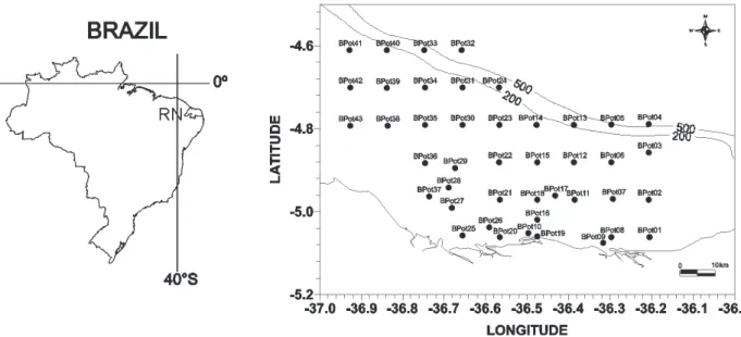 Figure 1. Area and sampling stations studied at Potiguar basin (Bpot), Rio Grande do Norte state, Brazil.