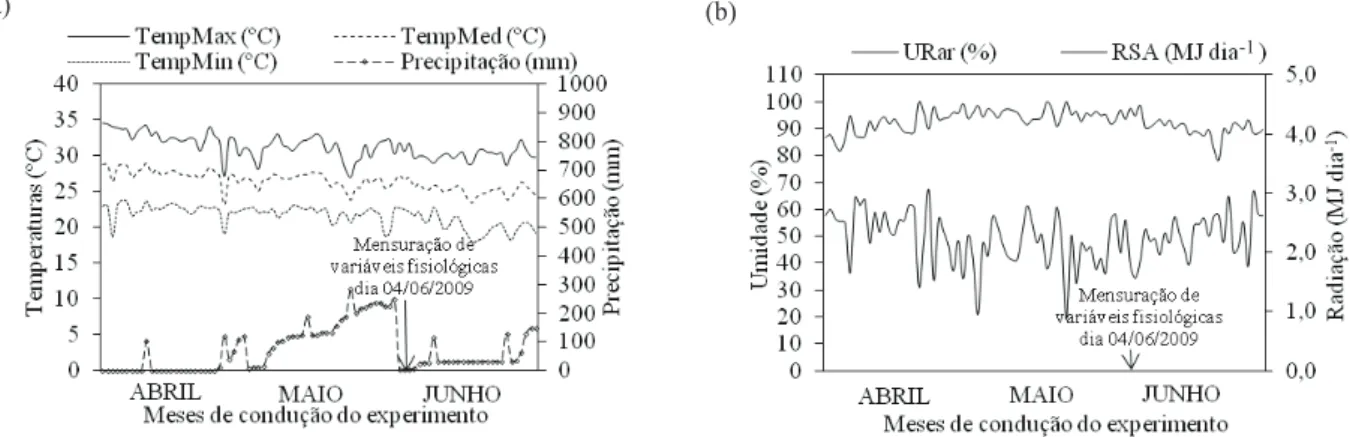 Figura 1.  Precipitação pluvial e temperaturas (a), umidade relativa do ar e radiação solar (b) quantiicadas durante o período de  realização do experimento (Catolé do Rocha, PB, 2009).