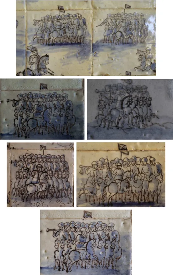 Figura 3 (a,b,c,d,e,f): Desconhecido. Batalha de Arronches, trombeteiros castelhanos, painel de azulejos, terceiro quartel  do séc