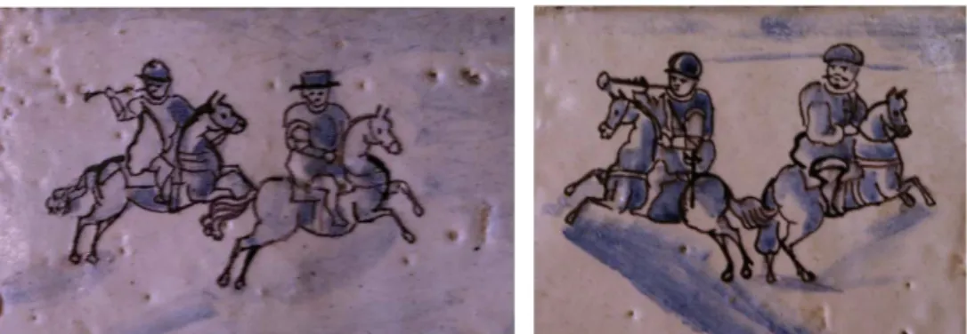 Figura 7 (a, b): Desconhecido. Batalha de Montes Claros, trombeteiros, painel de azulejos, terceiro quartel do séc