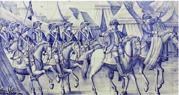 Figura 17:  Desconhecido. Cena Militar de Cavalaria com Timbaleiro e Trombeta, Jardim Botânico Tropical (antigo Palácio  dos Condes da Calheta), Lisboa, Portugal