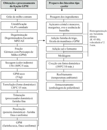 Figura 1. Fluxograma das etapas de obtenção da fração gérmen  com pericarpo de milho (GPM) e de preparo dos  biscoitos tipo cookie (Goiânia, GO, 2010).