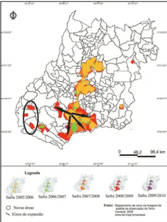 Figura 4. Eixos de expansão da área de cultivo da cana-de-açúcar  em Goiás.