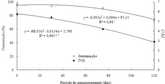 Figura 4. Percentagem de germinação e Índice de Velocidade de Germinação (IVG) de sementes de Palmeira Real Australiana  imersas em água, por três dias, armazenadas por diferentes períodos (Campos dos Goytacazes, RJ, 2005/2006)