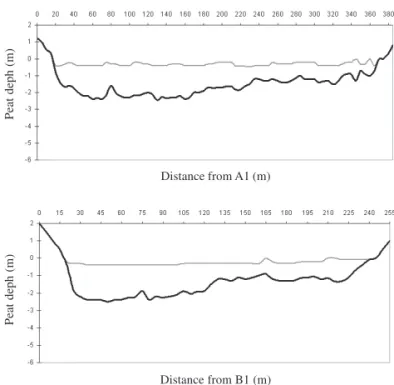 Figure 4. Peat depth profiles of the Sanguinhal mire: Transect A1–A2 and B1–