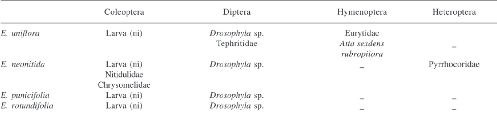 Table 5. Insect fruit and seed predators in Eugenia uniflora L., E. neonitida Sobral, E