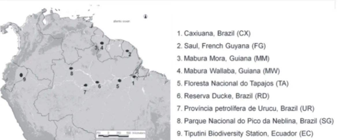 Figure 1. Map of the study area, showing the sampling localities from east to west in the Amazon basin.