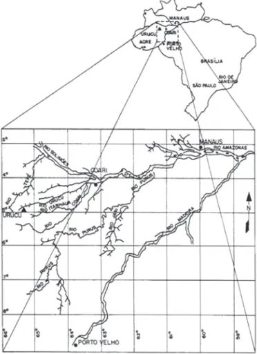 Figure 1. Location of the study area (Pedro de Moura Base of Geological Opera- Opera-tions - Urucu River basin) in the municipality of Coari, central Amazônia, Brazil.