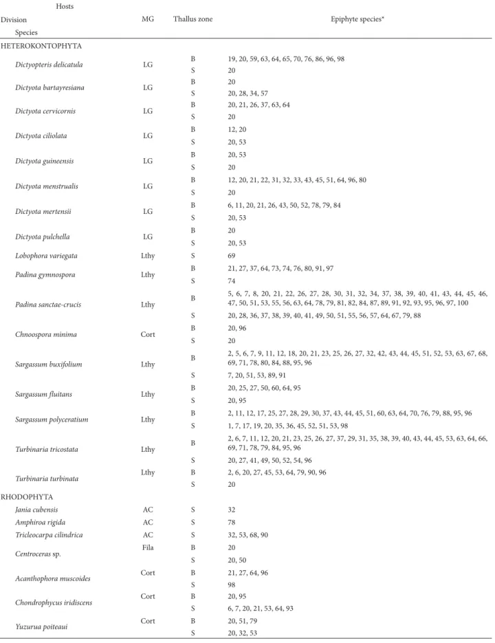 Table 1. Characteristics of the macroalgae hosting epiphytic macroalgae, including morphofunctional group, thallus zone in which the epiphytes were found, and  epiphyte species composition, in a rocky intertidal zone in the Baconao Biosphere Reserve, in Cu