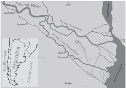 Figure 1. Study area: Lower Delta of the Paraná River (Argentina). Sampling site is indicated by a dotted circle.
