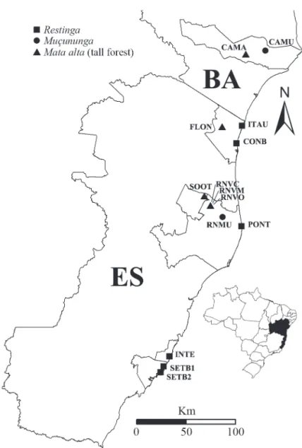 Figure 1. Location of the study area and distribution of sites used in the fl oristic analyses of the coastal forests in the state of Espírito Santo and in the southern  part of the state of Bahia, Brazil.