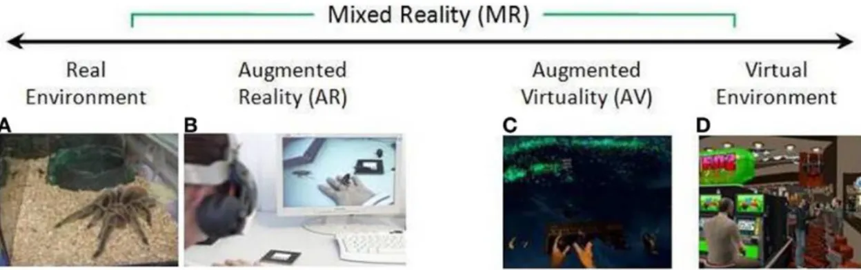 Figure 2 The “virtuality continuum”, from the completely real world environment (A) to a completely virtual one  (D)