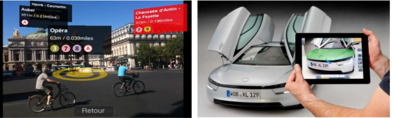 Figure 3 Examples of employment of augmented reality to add context-related information (left) or blend synthetic  and  real  world  elements  into  a  unified  perceivable  view  (right)