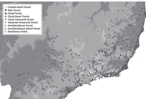 Figure 1. Locations of the 394 surveys compiled for analysis and their general vegetation types.