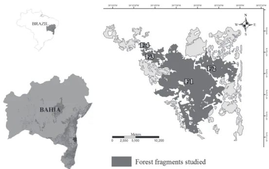 Figure 1. Locations of the fragments of Atlantic Forest studied (F1, F2, F3, and F4) in the Una region, located in the state of  Bahia, Brazil
