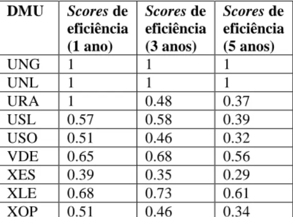 Tabela 4.5 - DMUs eficientes (1 ano) 