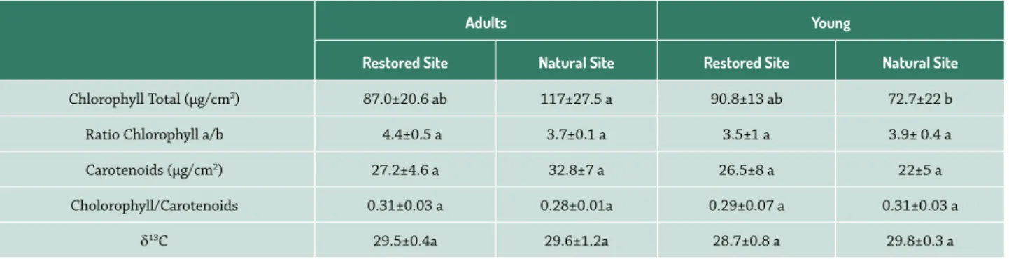 Table 1. Chlorophyll fluorescence parameters extracted from light dependence curves of adults and young individuals of Chamaecrista semaphora in natural  and restored site