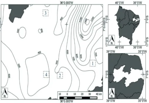 Figure 1.  Location of study areas (dashed squares) and their respective isohyets (continuous lines), semiarid region of the state of  Paraíba, Brazil.