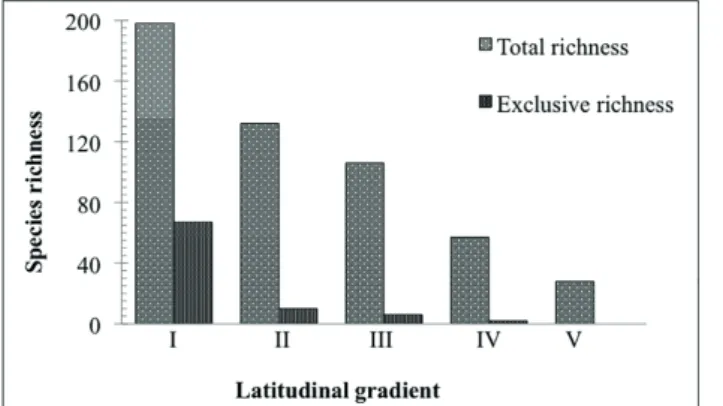 Figure 2.  Species richness for ferns and lycophytes found in each  latitudinal range sampled.