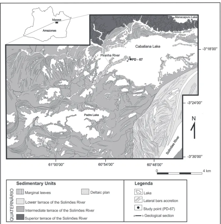 Figure 1.  Geological map of the Solimões River floodplain, Central Amazon. The map was adapted from Feitosa &amp; Soares (unpubl