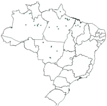 Figure 1.  The locations of the 95 occurrence data-points for  Euterpe oleracea used in the analyses.