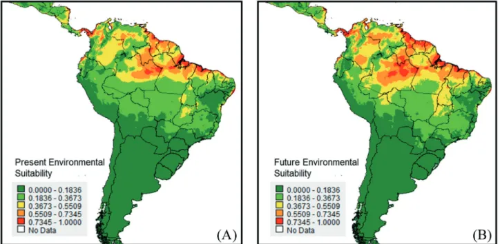 Table 1.  Top five models generated and AIC numbers found for  the combinations of variables: Present Environmental Suitability  (PES), Human Development Index (HDI), Proportion of Rural  Population (%RURAL), Percentage of Conservation Unit Areas  (%CONSER