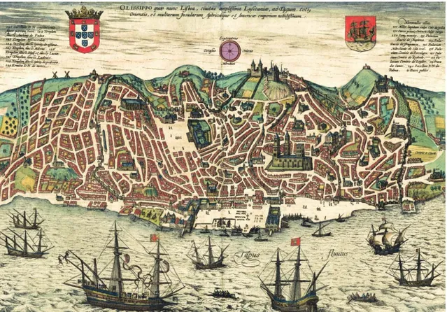 Fig. 1 Lisbon in 1572 with the River Palace (below) and the Alcazar Palace (above)  