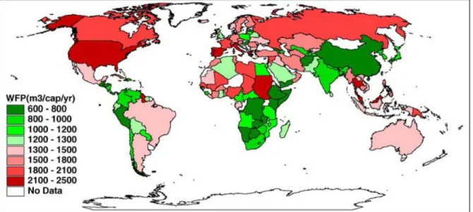 Figura 8.   Média nacional de água consumida per capita (m 3 /capita.ano) (Chapagain e  Hoekstra, 2004)