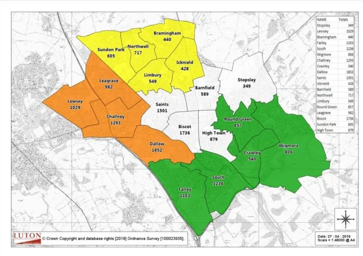 Figure 2  Map of Luton showing distribution of under 5s per ward  