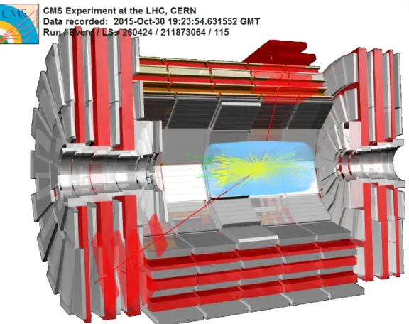 Figure 2: A pp collision event with two reconstructed muon tracks superimposed on a cutaway image of the CMS detector