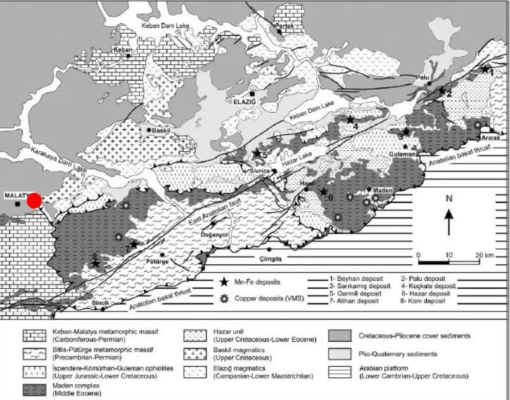 Fig.  1b:  General  geological  map  of  the  Elazig-Malatya  region.  The  red  dot  indicates the Arslantepe site (Sasmaz et al., 2014)