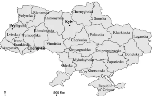 Figura 2.4 – Divisão territorial da Ucrânia (Fonte: Baganha e Fonseca, 2004: 15). 