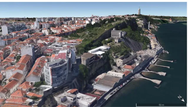 Figura 9  –  Vista do Cais e da arriba. Imagem 3D retirada do Google Earth. Em 22/08/2016