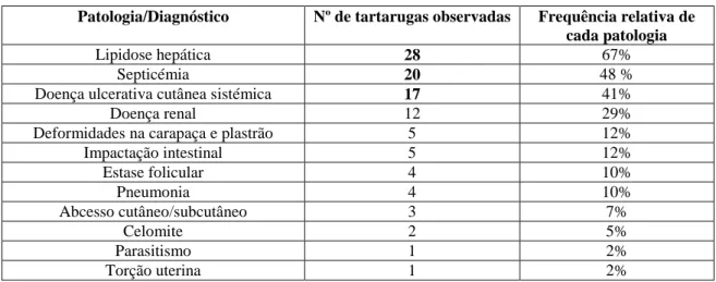 Tabela 11 – Diagnósticos presuntivos. Tabela de distribuição de frequências relativas de cada patologia  (n = 42)