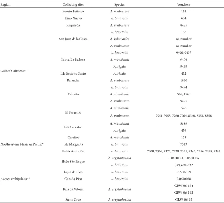 Table 1. Sample collection information for the studied species of Amphiroa from the Gulf of California, the Northeastern Mexican Pacific and the Azores archipelago