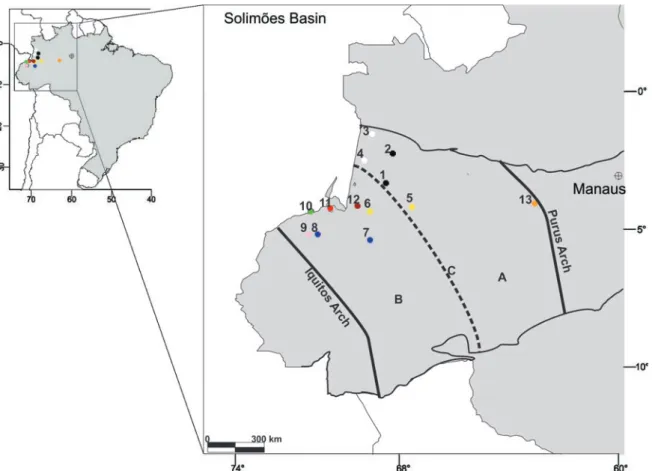 Figure 1.  Solimões Basin location. A. Juruá sub-basin. B. Jandiatuba sub-basin. C. Carauari High