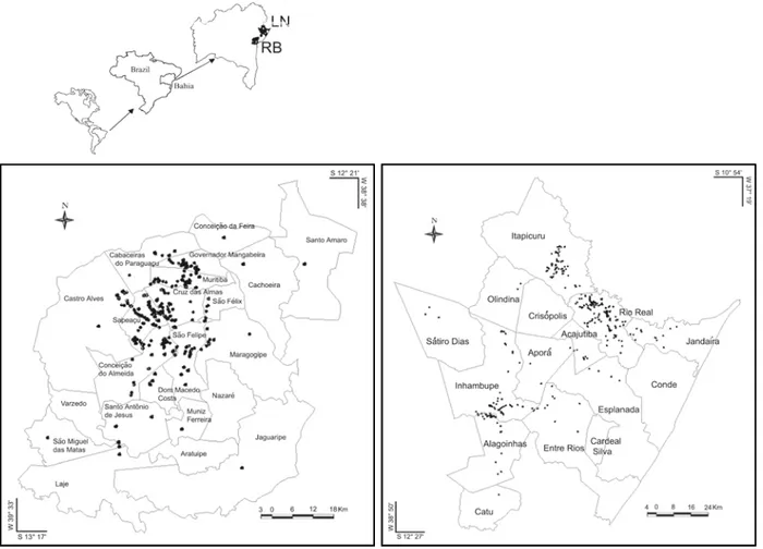 FIG. 1 - Geographic identification of the two surveyed regions (2004), and location and distribution of sampling units (dots) in Recôncavo  Baiano  A