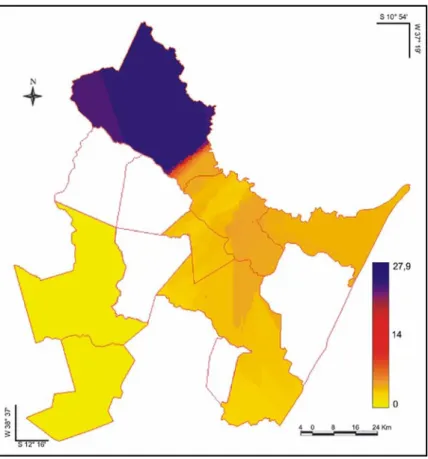 FIG. 3 - Kriging estimated citrus variegated cholorosis  (CVC) incidence (%) map for the 2004 survey in Litoral  Norte of Bahia, Brazil